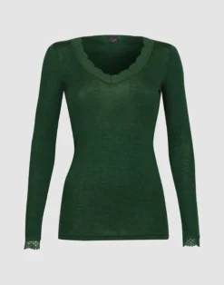 Bluse i merinould/silke med blondekant til kvinder