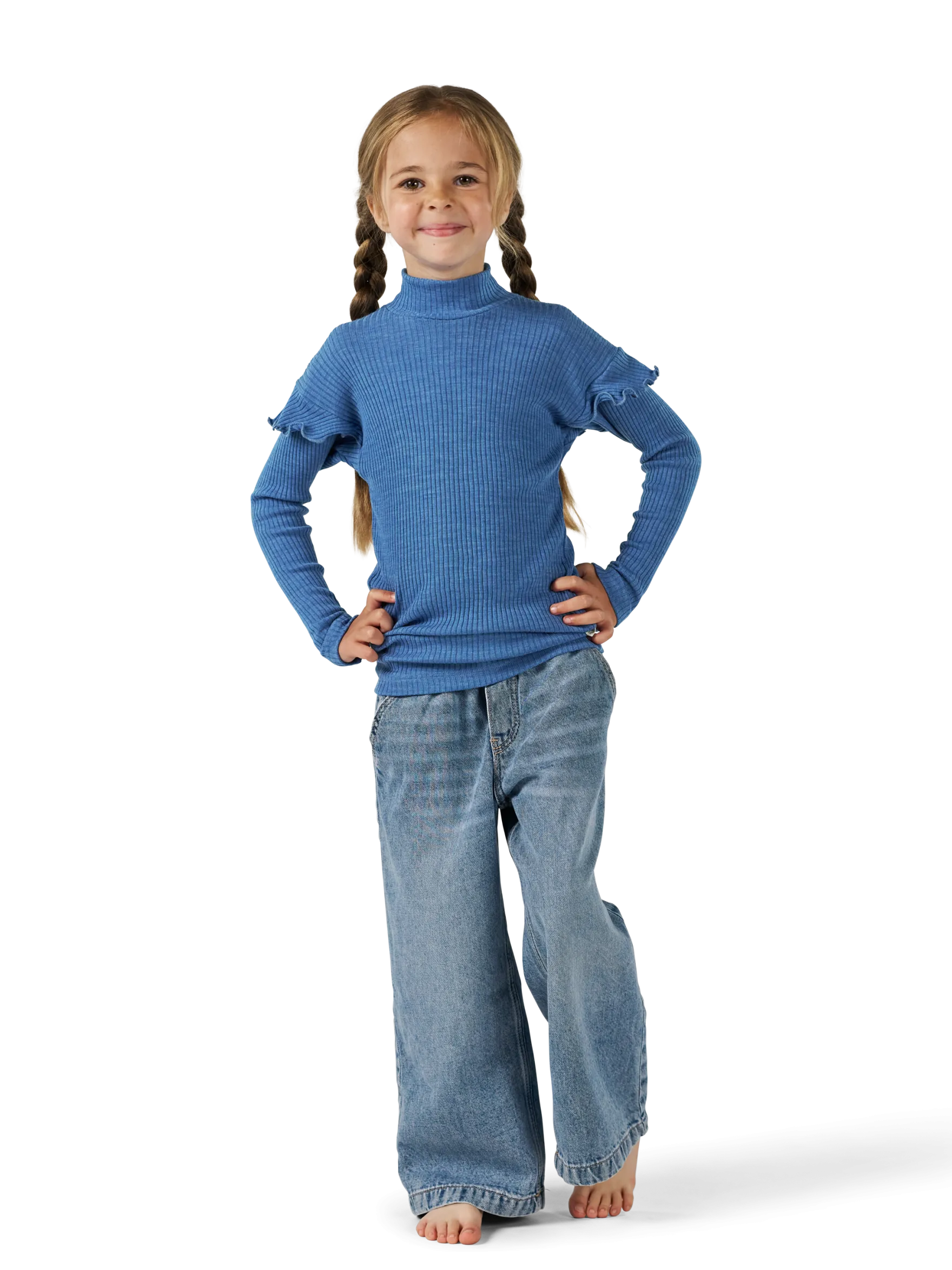 Bluse med flæser i merinould til børn