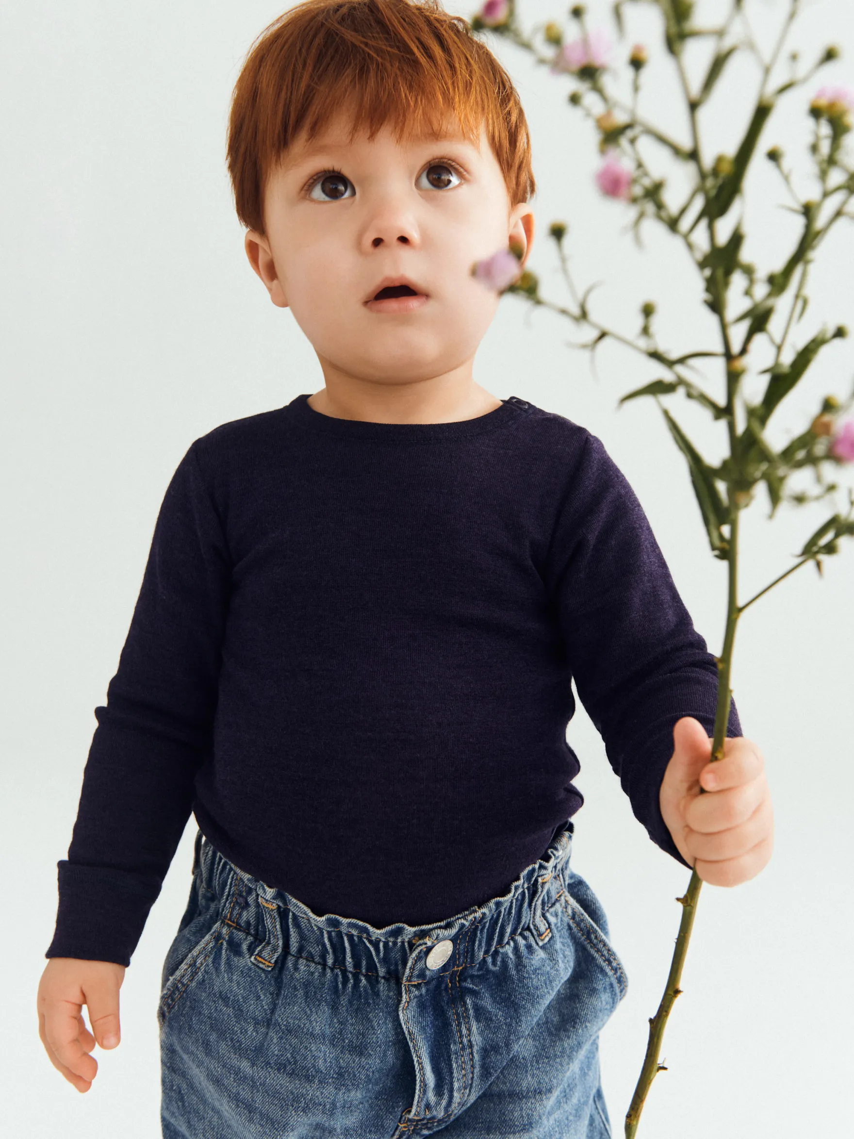 Body med lange ærmer i merinould/silke til baby