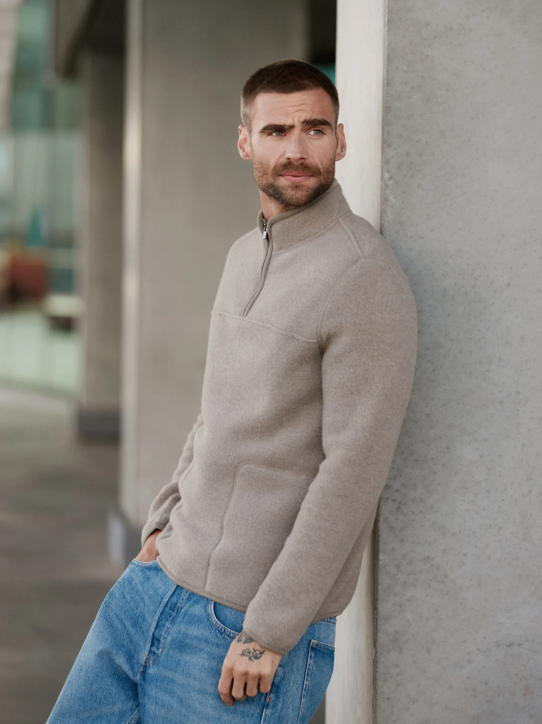 Half-zip jakke i merinouldfleece til mænd