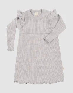 Kjole med flæser i merinould til baby
