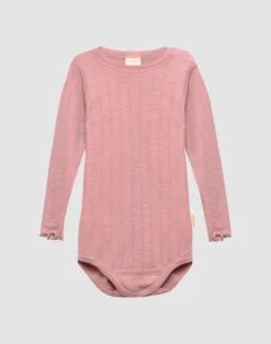 Langærmet body med hulmønster i merinould/silke til baby